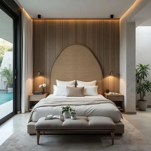 this is a large bedroom with a modern style,headboards,headboard,amanresorts,bamboo curtain,daybed,contemporary decor