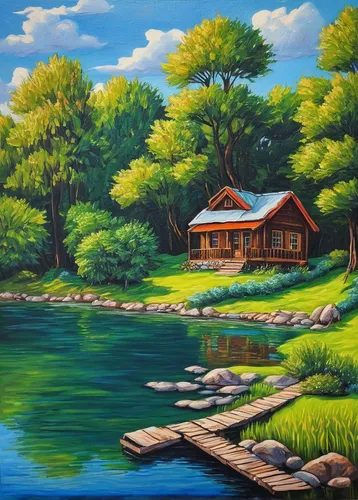 "The little house by the lake,oil on canvas 14""_20"", Nature Scenics Lake House  Beauty In Nature Sky My Landscape Collection. Art Art, Drawing, Creativity Fine Art ArtWork Oil Painting Drawing My Ar