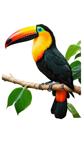 Toucan, colorful beak, vibrant plumage, tropical rainforest, perched on branch, exotic eyes, bright orange breast, green back, wings spread wide, morning sunlight filtering through leaves, shallow dep