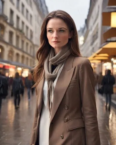 natural proportions, real human proportions, long shoulderlong open hair, stylish haircut, hazel eyes, inquisitive expression, smart dark business pantsuit, elegant, highnecked, blazer coat, scarf, lo