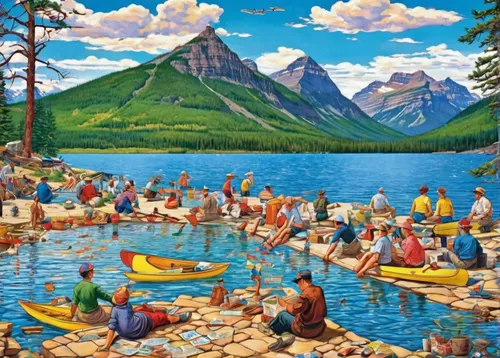 Waterton Lakes Canada Jigsaw Puzzle,people fishing,swiftcurrent lake,canoes,medicine lake,high mountain lake,canoe polo,pedal boats,lake minnewanka,mountain lake,pedalos,yukon territory,banff,canoeing