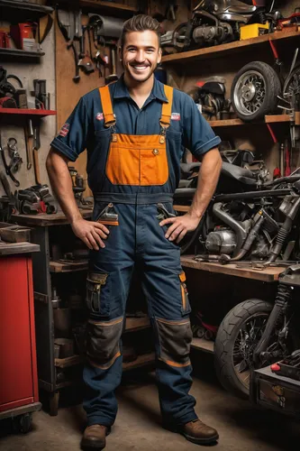 In the workshop's vibrant ambiance, a young mechanic stands confidently, dressed in his mechanic uniform and posing with a cheerful smile. With a wrench in one hand and a relaxed posture, he embodies 