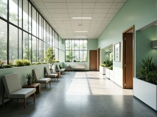 Minimalist hospital interior, clean lines, monochromatic color scheme, polished concrete floors, sleek metal equipment, modern medical furniture, functional layout, efficient workflow, calming atmosph