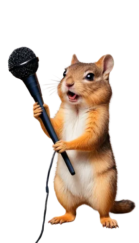 Adorable chipmunk, solo, (10cm), fluffy fur, brown eyes, tiny nose, cute mouth, standing on hind legs, holding small microphone, singing into mic, musical notes around head, colorful background, brigh