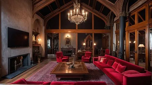 a large living room with couches, a table, and a fireplace,royal interior,interior decor,lobby,furnishings,amanresorts,foyer,wade rooms,reading room,interiors,dining room,greystone,sitting room,piano 