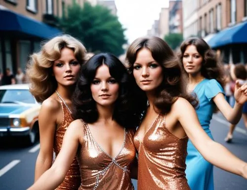 70s inspired disco girls dancing on the street
,a group of women standing next to each other in front of a car,sixties,chromatics,demoiselles,bwitched,halston,fembots