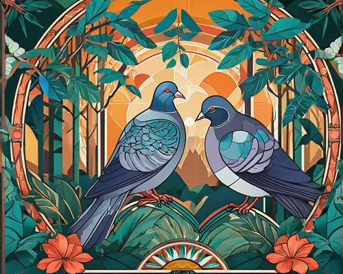 flower and bird illustration,tropical birds,parrot couple,bird couple,pair of pigeons,two pigeons,garden birds,doves of peace,toucans,blue parrot,pachamama,floral and bird frame,doves and pigeons,blue birds and blossom,ictoria crowned pigeon,turtledoves,songbirds,peacocks carnation,a couple of pigeons,boho art,Illustration,Vector,Vector 16