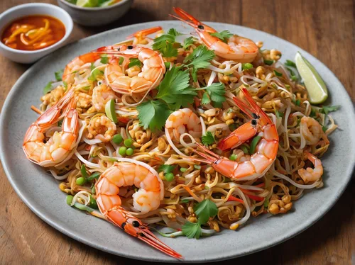 Describe the aroma of a freshly cooked plate of pad thai prawn in a cozy home kitchen.,pad thai prawn,pad thai,prawn fried rice,mee siam,thai northern noodle,thai fried rice,baked shrimp with glass no