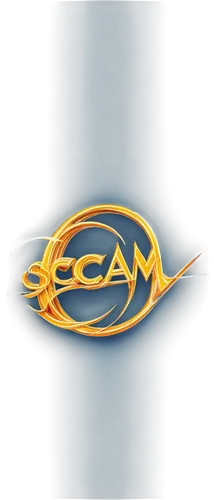 Scam logo, golden font, bold italic, curved lines, abstract shapes, futuristic design, metallic material, reflective surface, high-tech feel, close-up shot, shallow depth of field, softbox lighting, 4