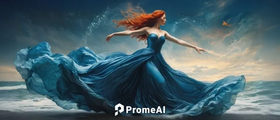 woman in blue water dress dancing by the ocean,Dancer,sirene,amphitrite,fathom,naiad,the wind from the sea,riverdance