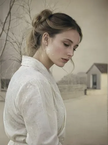 Crying woman in profile. Tears are flowing.,a woman with hair styled in a bun and wearing white clothes,northanger,avonlea,pemberley,madding,lughnasa,ardently,Photography,Black and white photography,B