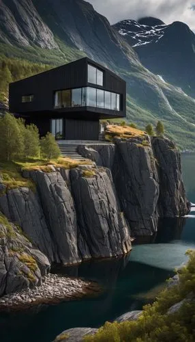 house with lake,house in mountains,house by the water,house in the mountains,norway coast,lago grey,fjords,nordland,modern house,norway,northern norway,norway island,dunes house,floating huts,beautiful home,cubic house,scandinavia,danish house,home landscape,luxury property,Photography,General,Natural