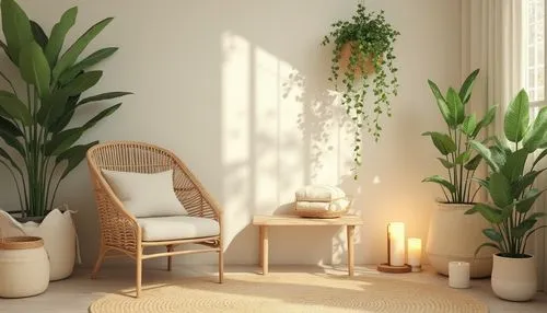 Healing environments, calm atmosphere, natural materials, wooden accents, plants everywhere, gentle color palette, soft pastel hues, beige, sage green, sandy white, creamy textures, woven baskets, rat