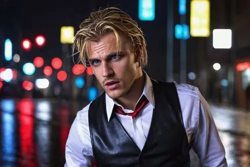 Pesci, male, young adult, blonde hair, messy hairstyle, blue eyes, sharp jawline, white shirt, black vest, red tie, black pants, leather shoes, holding microphone, standing, city street, night scene, 