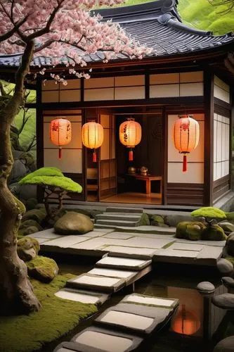 ryokan,japanese-style room,dojo,teahouse,ryokans,japanese shrine,kyoto,japanese sakura background,japanese restaurant,sakura background,teahouses,japanese garden,tea ceremony,japanese zen garden,japanese art,japanese garden ornament,kaiseki,world digital painting,japanese background,lanterns,Illustration,Realistic Fantasy,Realistic Fantasy 35