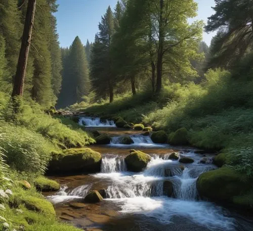 a stream running through a forest covered with green trees,mountain stream,northern black forest,nature wallpaper,nature background,mountain spring,headwaters,Photography,General,Realistic