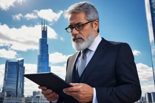 Middle-aged, mature gentleman, project manager, architecture background, formal wear, black suit, white shirt, silver tie clip, glasses, short brown hair, neatly trimmed beard, confident posture, stan