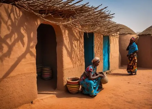 Sudano-Sahelian style, Kere architecture, Burkina Faso, mud brick, adobe structure, rounded edges, intricate carvings, wooden doors, vibrant colored textiles, African patterns, sunny day, blue sky wit