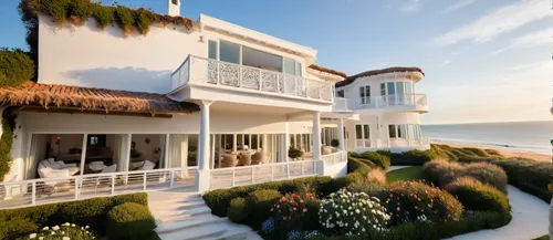 Nestled along the coastline of Florida, a breathtakingly beautiful White Stucco House Style with brown mix terracotta roof commands a panoramic view of the ocean, and large waves, perched majestically