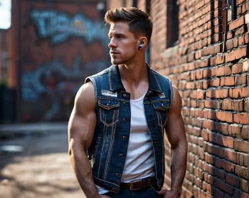 vest,rockabilly style,male model,sleeveless shirt,pompadour,red brick wall,brick wall background,denim background,rockabilly,jeans background,chris evans,jean jacket,ryan navion,pomade,men's wear,muscle icon,brick background,boy model,red brick,quiff,Photography,General,Sci-Fi