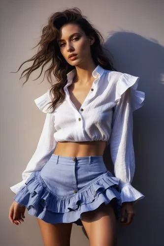 white skirt,denim skirt,skirt,frills,belted,ruffles,cotton top,miniskirt,ruffled,tartan skirt,blue and white,fashion shoot,photo session in torn clothes,alia,midriffs,pleats,white clothing,miniskirted,miniskirts,ruffle,Conceptual Art,Fantasy,Fantasy 04