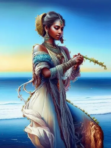 saraswati,flutist,bansuri,woman playing violin,the flute,flautist,Illustration,Realistic Fantasy,Realistic Fantasy 15