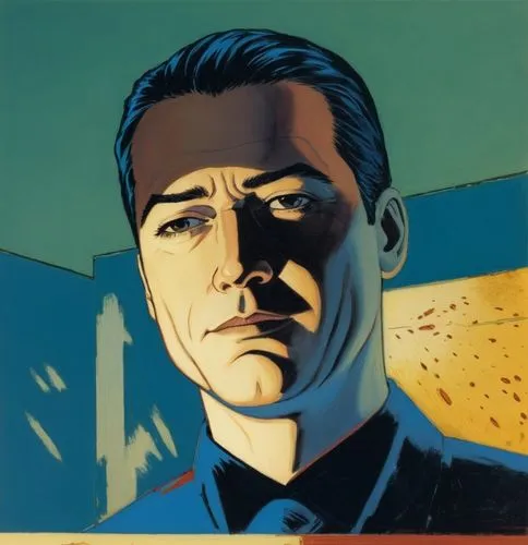 a painting of a man staring intently at soing,steranko,kanigher,brubaker,krycek,batou,cassaday,Illustration,American Style,American Style 08