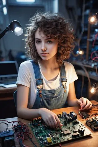 Na Vi maker, female, solo, (25yo), beautiful detailed eyes, light blush, curly brown hair, fringe, casual makeup, white tank top, denim overalls, sneakers, tools belt, holding a circuit board, worksho