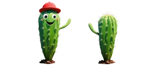 Cute cactus, cartoon style, green body, round shape, big smile, tiny eyes, white gloves, red hat, standing pose, bright sunlight, soft focus, pastel color tone, 3/4 composition, shallow depth of field