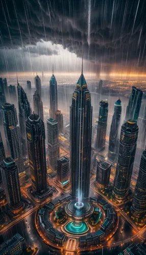 futuristic landscape,dubai,uae,futuristic architecture,rainstorm,thunderstorm,doha,tallest hotel dubai,metropolis,fantasy city,dubai marina,aerial view umbrella,united arab emirates,monsoon,world digi