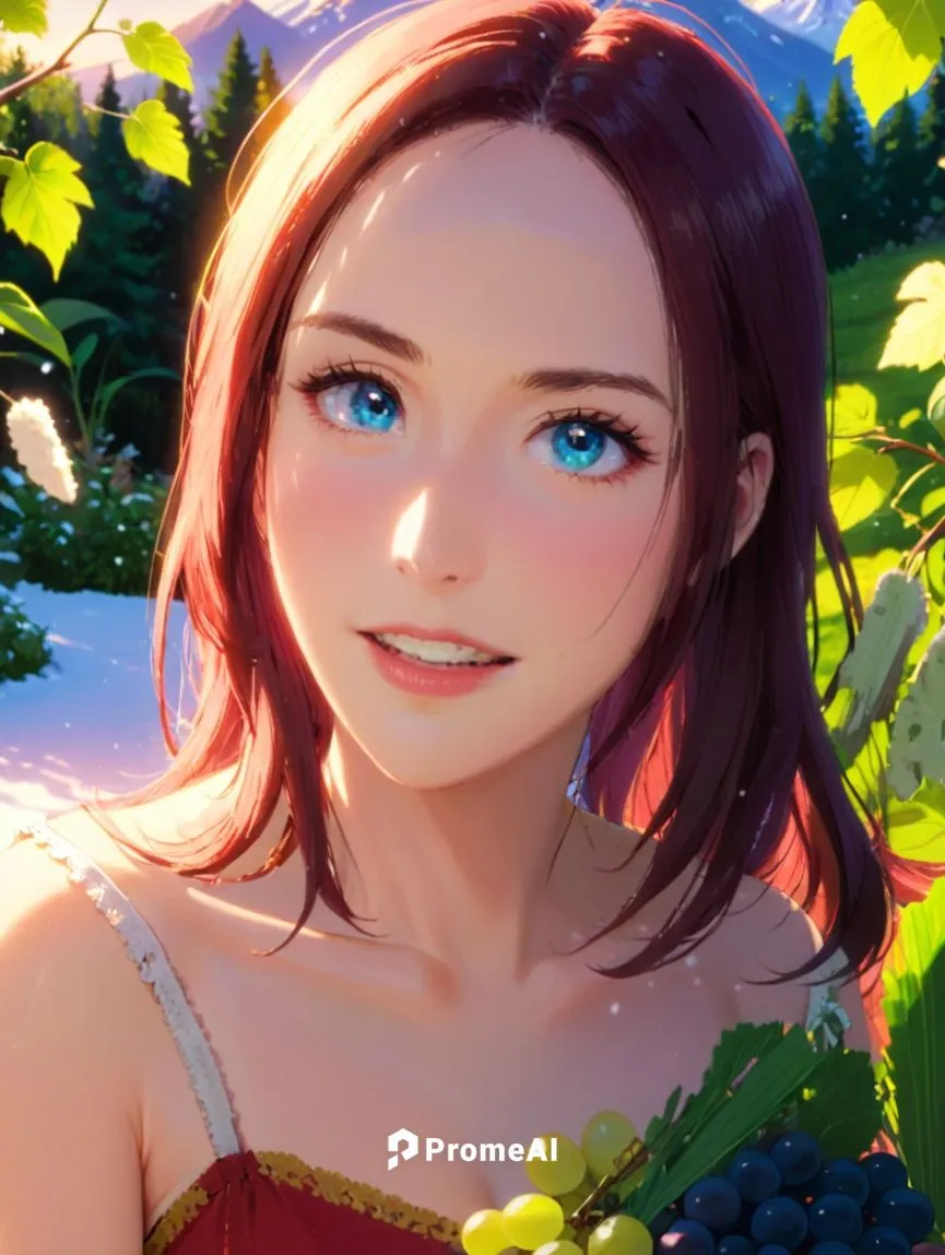 The canvas is filled with a stunning portrait of a beautiful caucasian girl, aged 23 years old, wearing a fiery red dress and holding a bouquet of grapes. Her blue eyes are bright and beautiful, radia