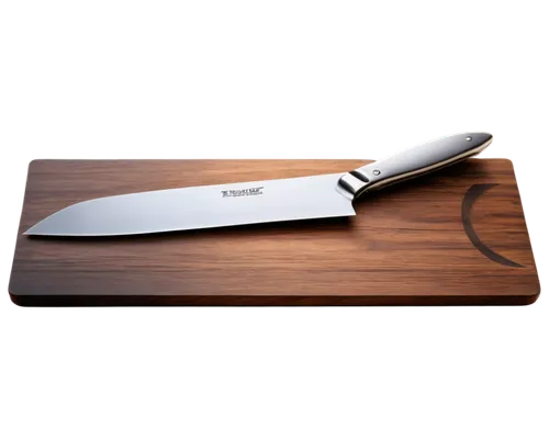 Sharp kitchen knife, metallic material, reflective surface, silver handle, straight blade, sharp tip, resting on wooden cutting board, morning light, soft focus, shallow depth of field, warm color ton