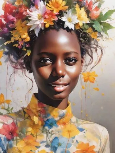 girl in flowers,girl in a wreath,beautiful girl with flowers,african daisies,flower painting,flower girl,flora,flower crown,wreath of flowers,blooming wreath,flowers png,oil painting on canvas,african woman,floral wreath,afro american girls,coloured pencils,flower art,beautiful african american women,girl picking flowers,floral,Digital Art,Impressionism