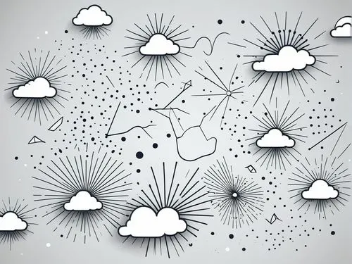 fireworks, stars and clouds on grey background,cloud computing,decentralize,netcentric,netconnections,interconnectivity,virtual private network,Illustration,Black and White,Black and White 04