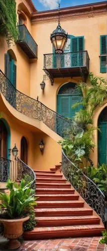 Spanish architecture, New Orleans, historic mansion, ornate ironwork, balconies with intricate carvings, red-tiled roofs, stucco walls, arched windows, wooden shutters, vibrant colored doors, lush gre