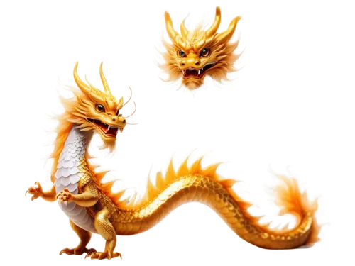 Chinese dragon, mythical creature, golden scales, fiery eyes, fluffy beard, curly whiskers, majestic posture, curled tail, transparent background, soft light, misty atmosphere, 3/4 composition, shallo