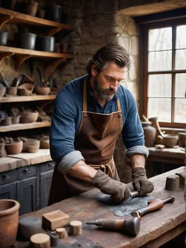 Medieval coat of arms maker, middle-aged man, muscular build, short beard, messy brown hair, apron, leather gloves, hammer in hand, anvil on wooden workbench, medieval-inspired workshop, stone walls, 