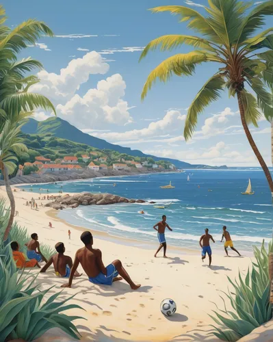 Imagine a FIFA cover with a serene beach setting and players enjoying a friendly match,haiti,martinique,copacabana,jamaica,beach landscape,honolulu,waikiki beach,people on beach,dominica,cuba beach,ma