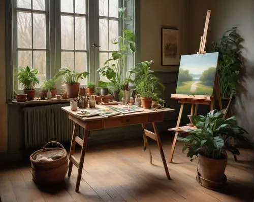 Cozy atelier interior, natural light pouring through large windows, wooden floorboards, minimalist decor, easel standing tall, half-finished canvas, paintbrushes scattered, artistic clutter, rustic wo