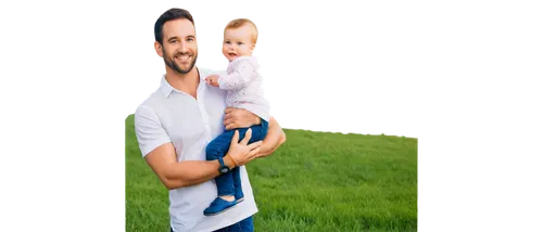 Happy father, smiling face, short beard, casual wear, white shirt, blue jeans, holding baby, gentle hands, warm sunlight, shallow depth of field, soft focus, 3/4 composition, outdoor setting, green gr