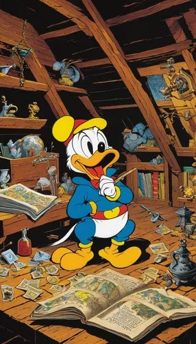 donald duck,geppetto,jigsaw puzzle,donald,cartoon video game background,attic,attic treasures,popeye village,pinocchio,johnny jump up,pluto,treasure house,children's background,rubber ducks,pirate treasure,treasure hunt,the duck,scrapbooking,scrapbook background,jiminy cricket,Illustration,Retro,Retro 18