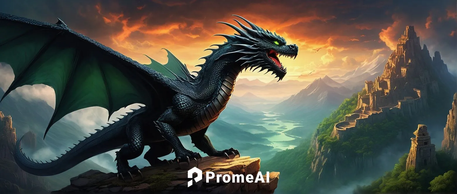 Majestic black dragon, solo, (ancient), powerful detailed scales, green piercing eyes, strong facial features, sharp teeth, claws, muscular body, spread wings, flying, mountain peak, misty clouds, anc