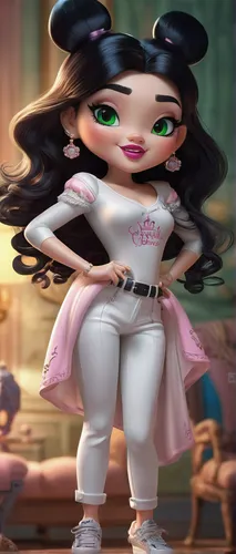 Image AI art the name Engraving Yadira Girl beautiful white pants with details and top of the same tone in elegant text ""PRINCESS"", 3D font in black Chibi beautiful curvy girl with black hair, long 