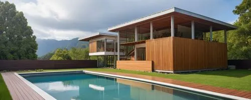 modern house,wooden decking,pool house,mid century house,3d rendering,landscape design sydney,Photography,General,Realistic