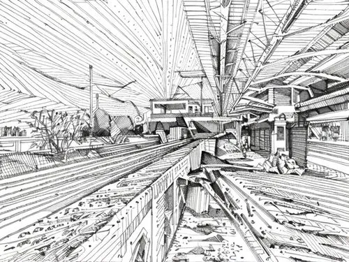 railyards,railyard,skytrains,skyrail,mono-line line art,overpass,railroads,railroad,boatyards,dockyards,skytrain,railtrack,elevated railway,vanishing point,ship yard,railway line,trains,railroad line,