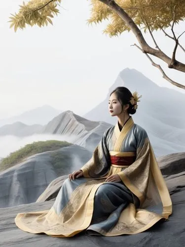 In the midst of a surreal landscape, a woman in Hanfu sits in a void, their face painted in intricate detail. The air is thick with the scent of fresh herbs, and the breeze rustles the leaves of nearb