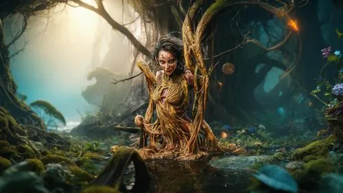 dryad,faery,the enchantress,faerie,fantasy picture,fairy forest,fairy world,fae,fantasy art,elven forest,shamanism,digital compositing,fairy village,3d fantasy,water nymph,photo manipulation,photomanipulation,fantasy woman,sorceress,fairy queen