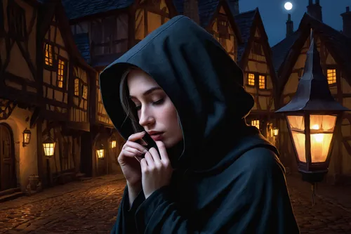 gothic woman,gothic portrait,fantasy picture,vampire woman,fairy tale character,witch house,fairy tale,night scene,sorceress,medieval street,red riding hood,fantasy portrait,girl in a historic way,fairy tales,moonlit night,fantasy art,the night of kupala,a fairy tale,mystical portrait of a girl,lady of the night,Illustration,Children,Children 06