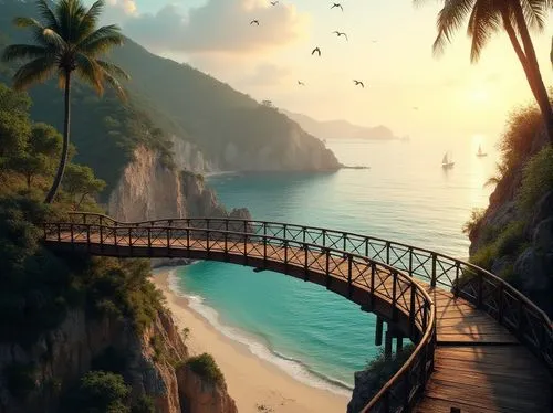 cliffs ocean,dream beach,scenic bridge,tropical sea,tropical beach,beautiful beaches,tropical island,hanging bridge,beautiful beach,paradis,beach scenery,beach landscape,landscape background,walkway,ocean paradise,the caribbean,coastal landscape,paradises,cliffside,coastline,Photography,General,Realistic