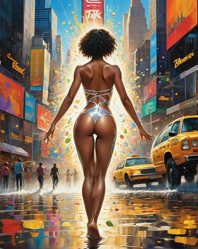 donsky,african american woman,giantess,time square,afrotropic,black women,Art,Classical Oil Painting,Classical Oil Painting 01